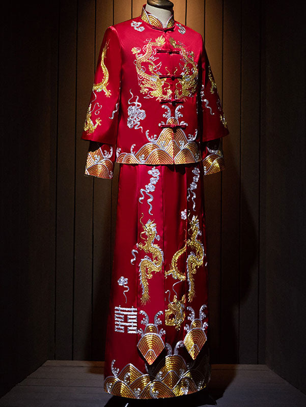 2024 Embroidered Dragon Man Wedding QunKwa Jacket & Skirt