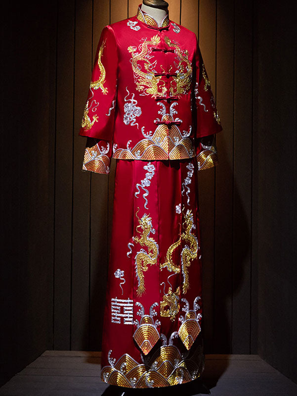 2024 Embroidered Dragon Man Wedding QunKwa Jacket & Skirt
