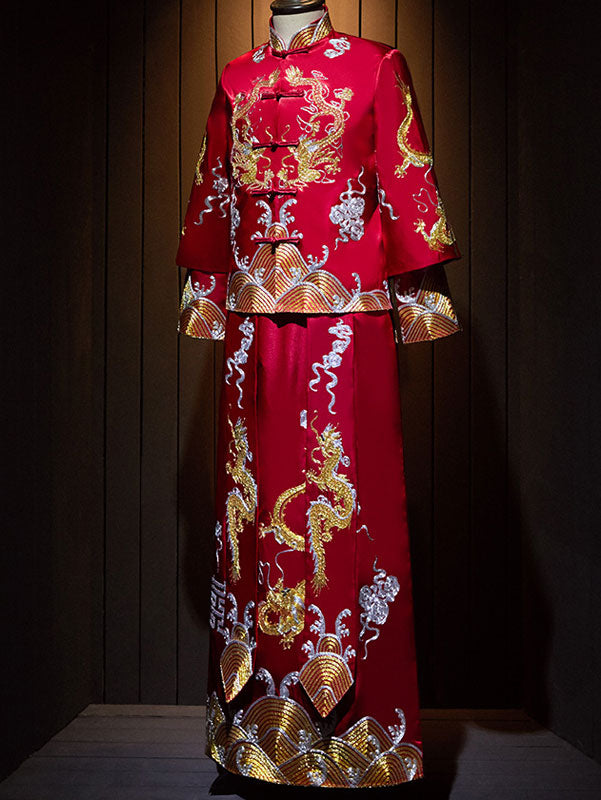 2024 Embroidered Dragon Man Wedding QunKwa Jacket & Skirt