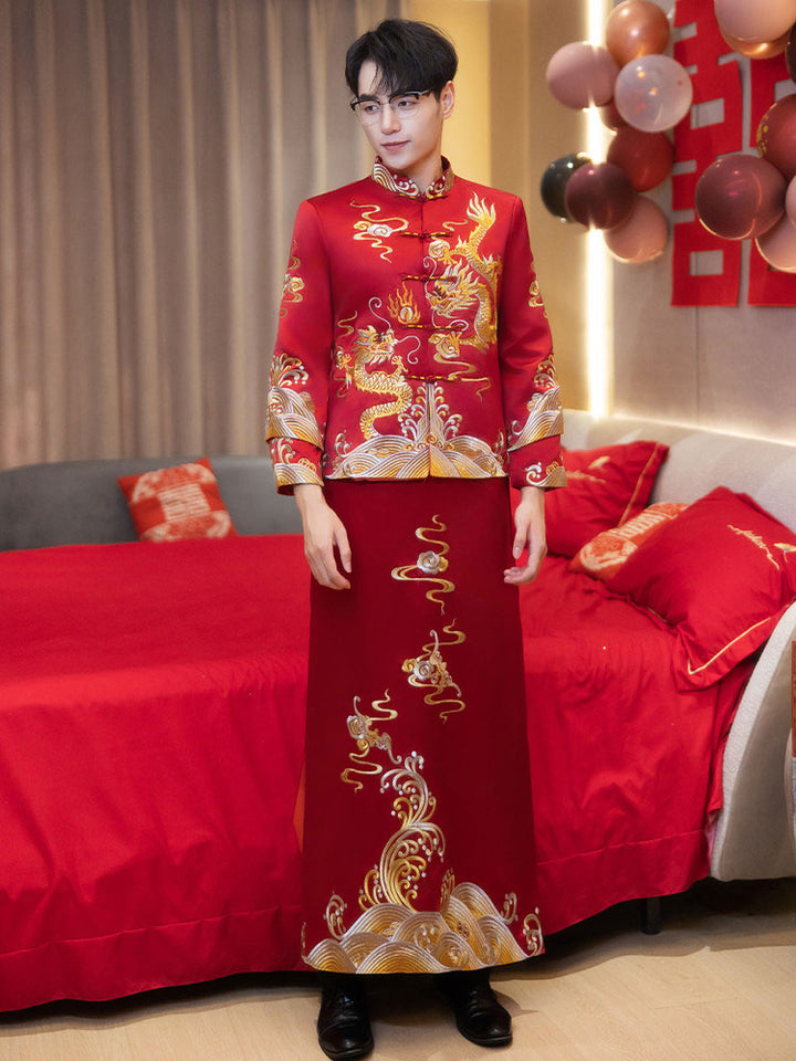 2026 Embroidered Dragon Man Wedding QunKwa Jacket & Skirt