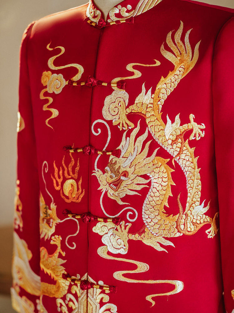 2026 Embroidered Dragon Man Wedding QunKwa Jacket & Skirt