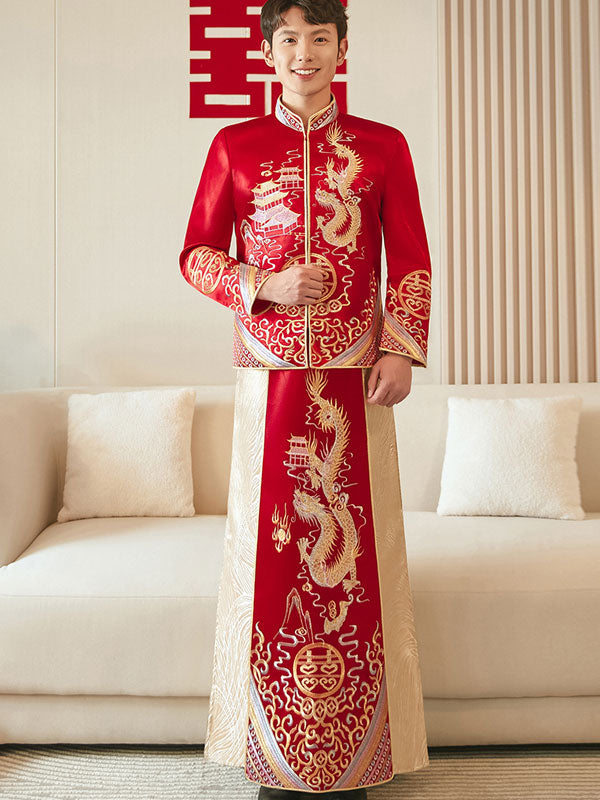 Embroidered Phoenix V Neck Tassels Beaded Bride QunKwa Xiuhe