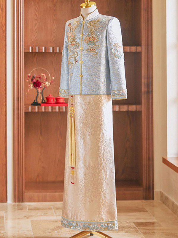 Jacquard Beads Dragon Men Wedding Qun Kwa Jacket & Skirt