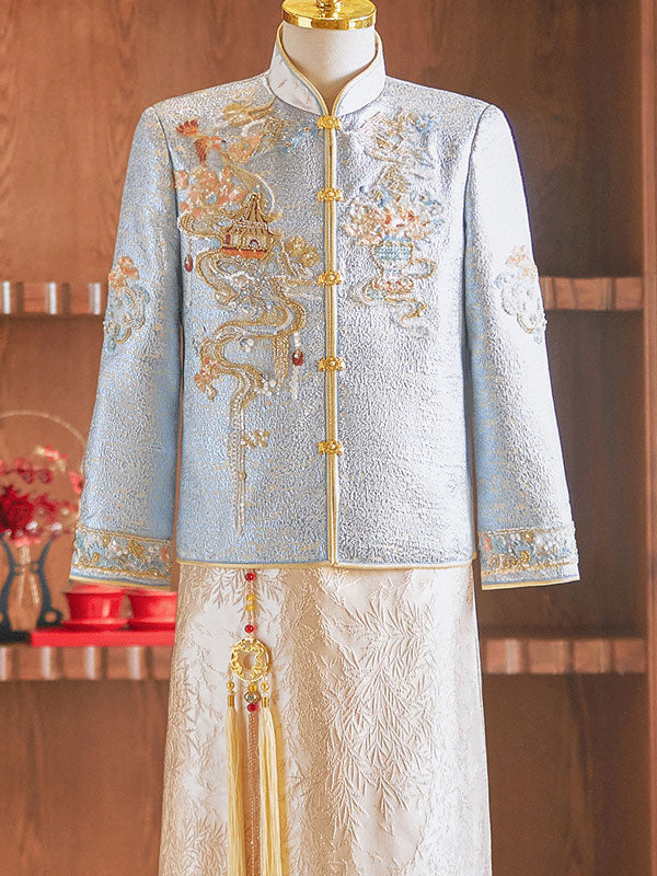 Jacquard Beads Dragon Men Wedding Qun Kwa Jacket & Skirt