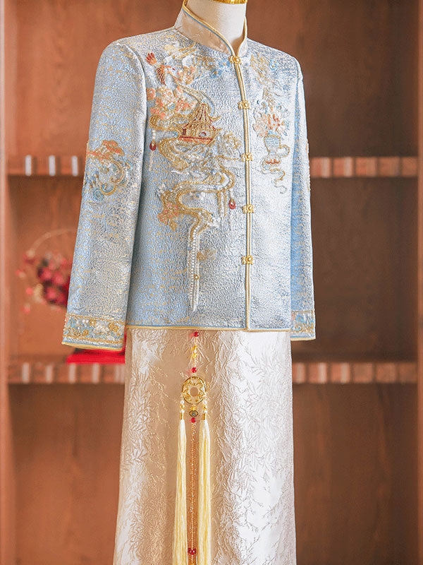 Jacquard Beads Dragon Men Wedding Qun Kwa Jacket & Skirt