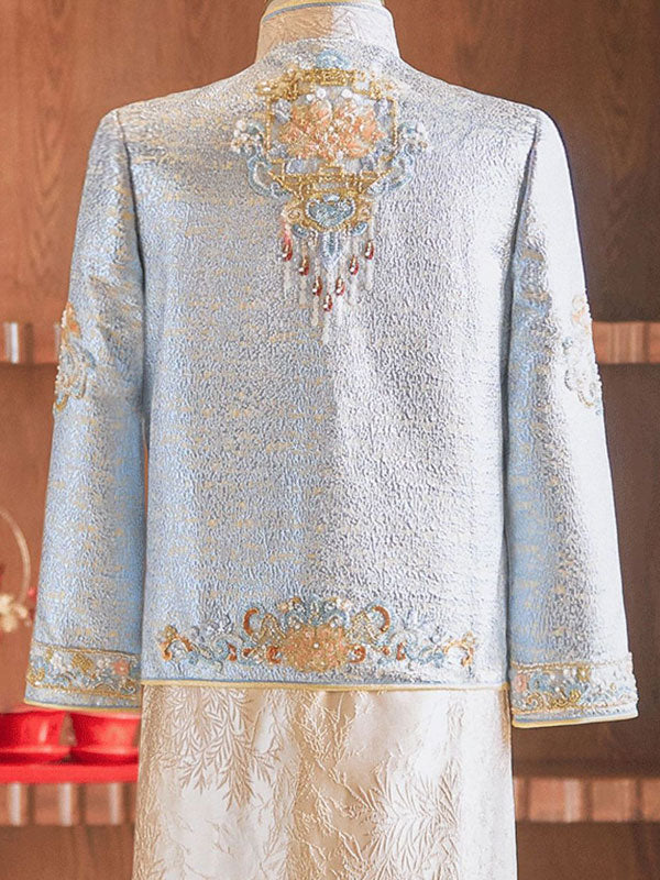Jacquard Beads Dragon Men Wedding Qun Kwa Jacket & Skirt