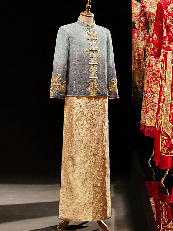 Shimmer Sequins Men Wedding Qun Kwa Jacket & Skirt