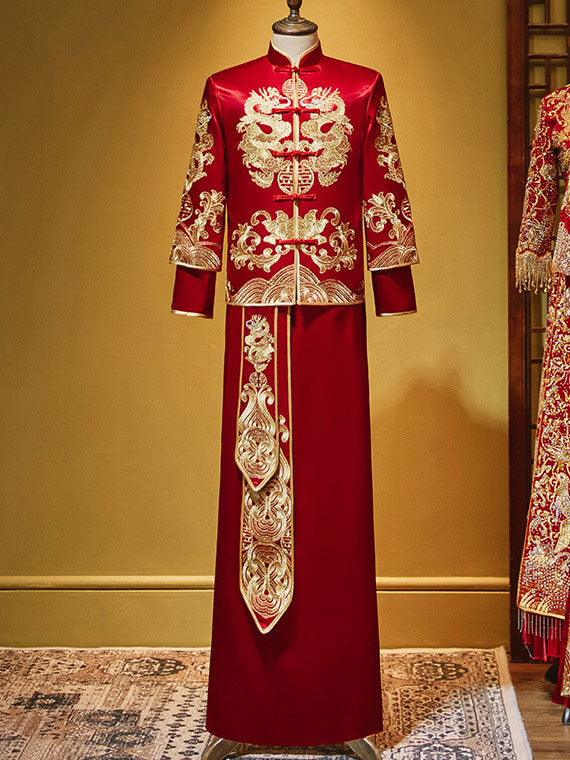 2024 Embroidered Dragon Men Wedding Qun Kwa Jacket & Skirt