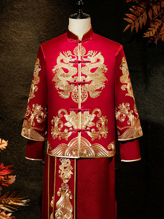 2024 Embroidered Dragon Men Wedding Qun Kwa Jacket & Skirt