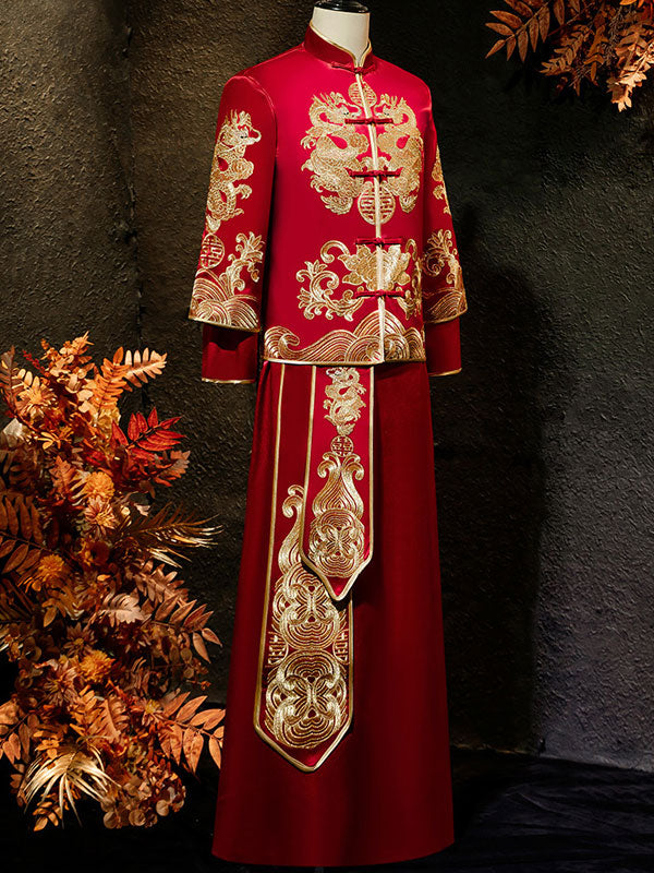2024 Embroidered Dragon Men Wedding Qun Kwa Jacket & Skirt