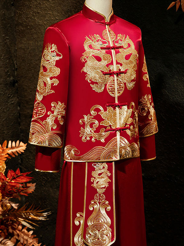 2024 Embroidered Dragon Men Wedding Qun Kwa Jacket & Skirt