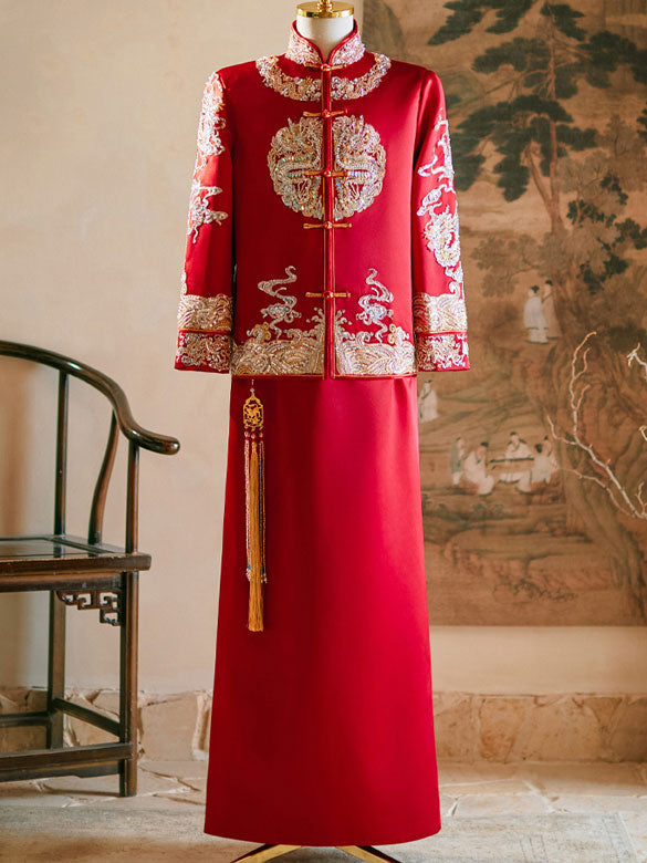 Sequined Embroidered Man Wedding Qun Kwa Jacket & Skirt