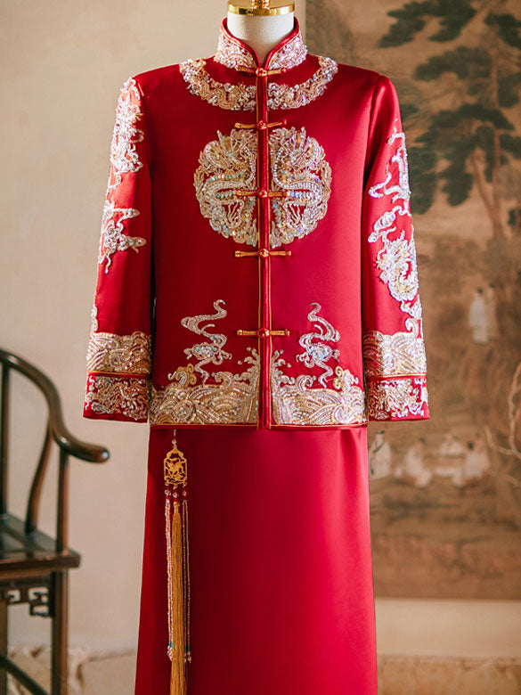 Sequined Embroidered Man Wedding Qun Kwa Jacket & Skirt