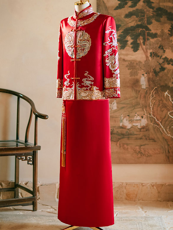 Sequined Embroidered Man Wedding Qun Kwa Jacket & Skirt