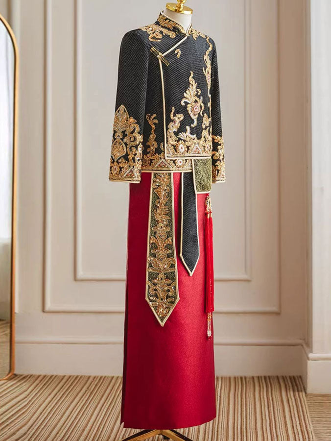 Color Block Sequins Appliques Men Wedding Qun Kwa Jacket & Skirt