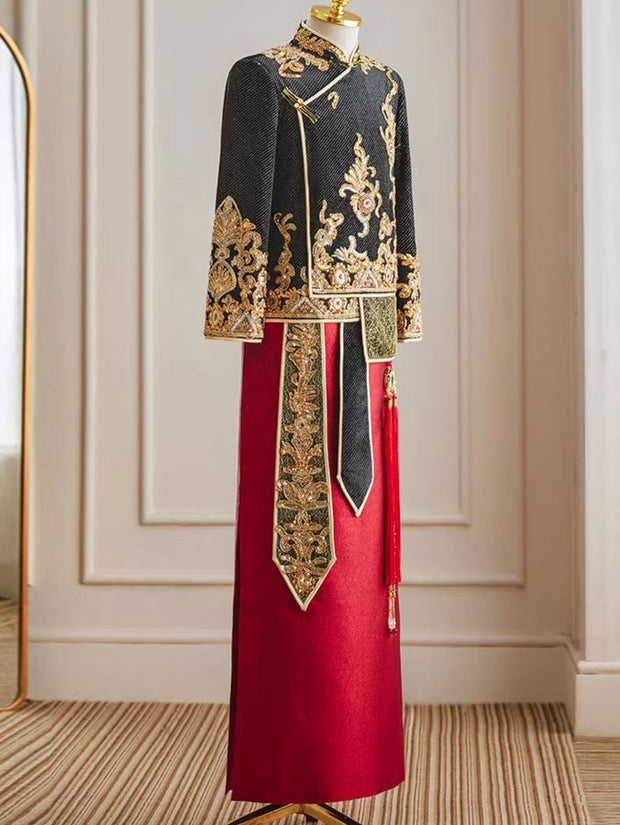 Color Block Sequins Appliques Men Wedding Qun Kwa Jacket & Skirt