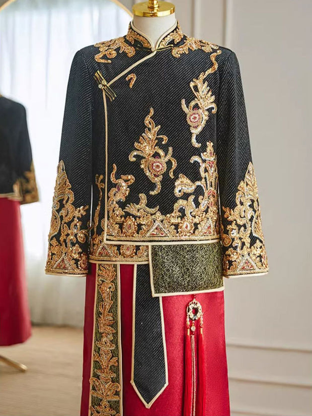 Color Block Sequins Appliques Men Wedding Qun Kwa Jacket & Skirt