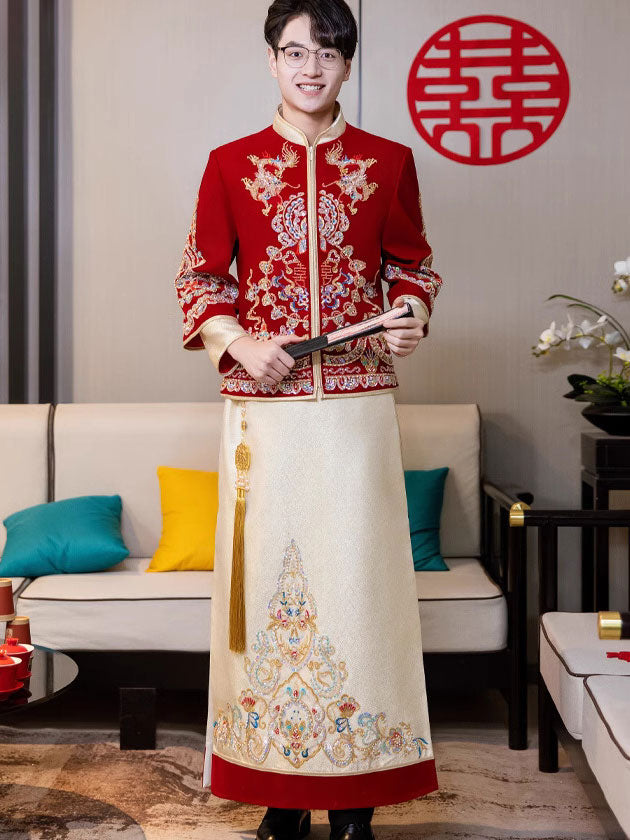 Beads Appliques Dragon Men Wedding Qungua Jacket & Skirt
