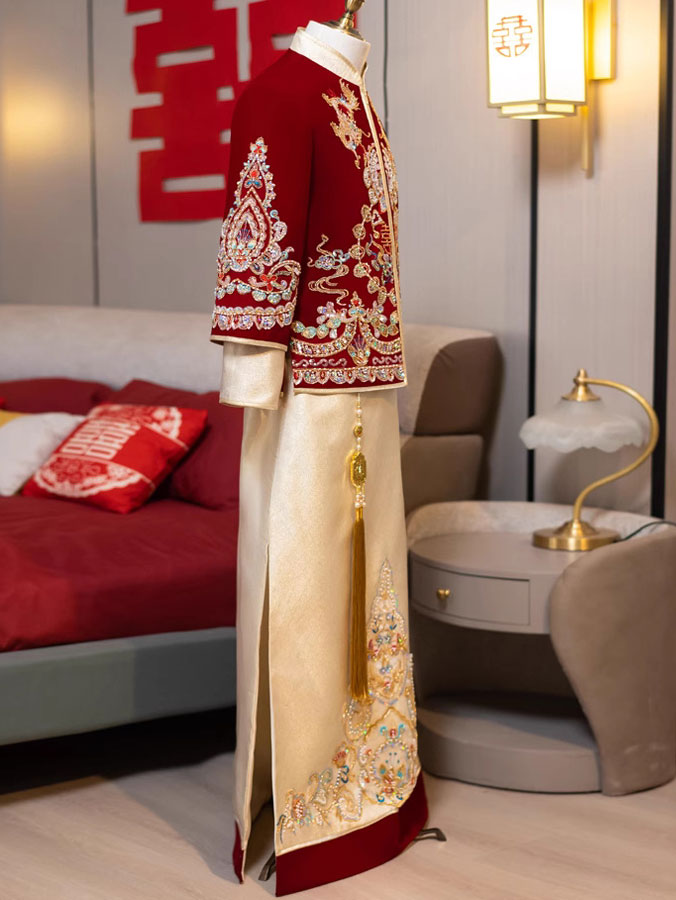 Beads Appliques Dragon Men Wedding Qungua Jacket & Skirt