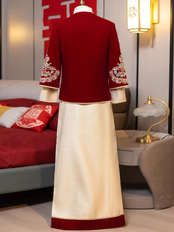 Beads Appliques Dragon Men Wedding Qungua Jacket & Skirt