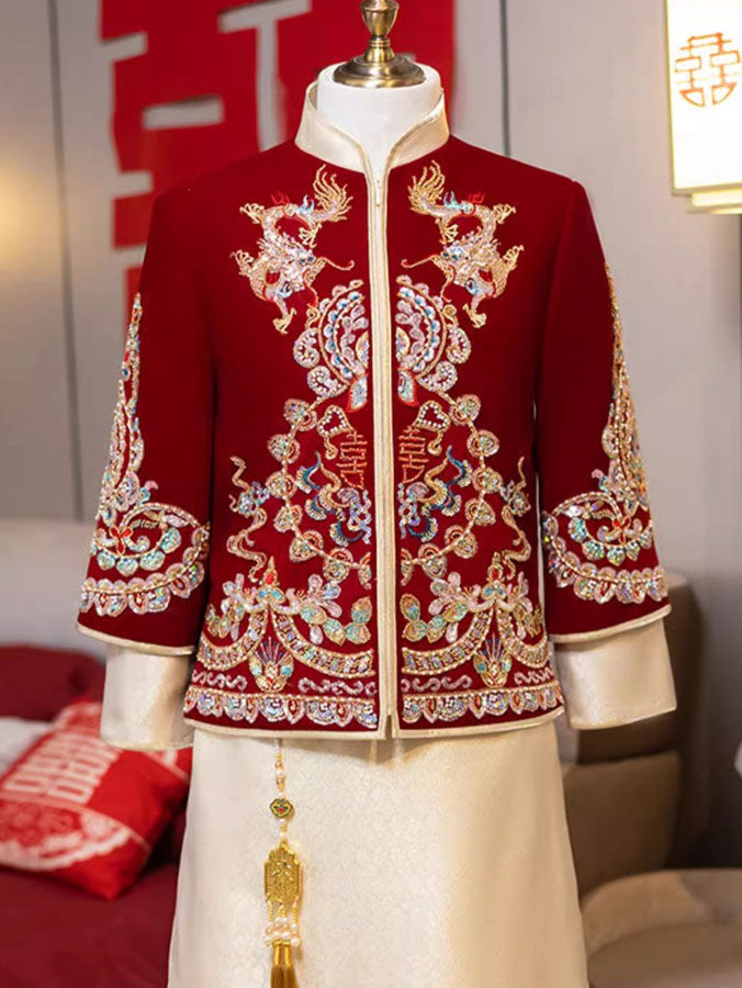 Beads Appliques Dragon Men Wedding Qungua Jacket & Skirt