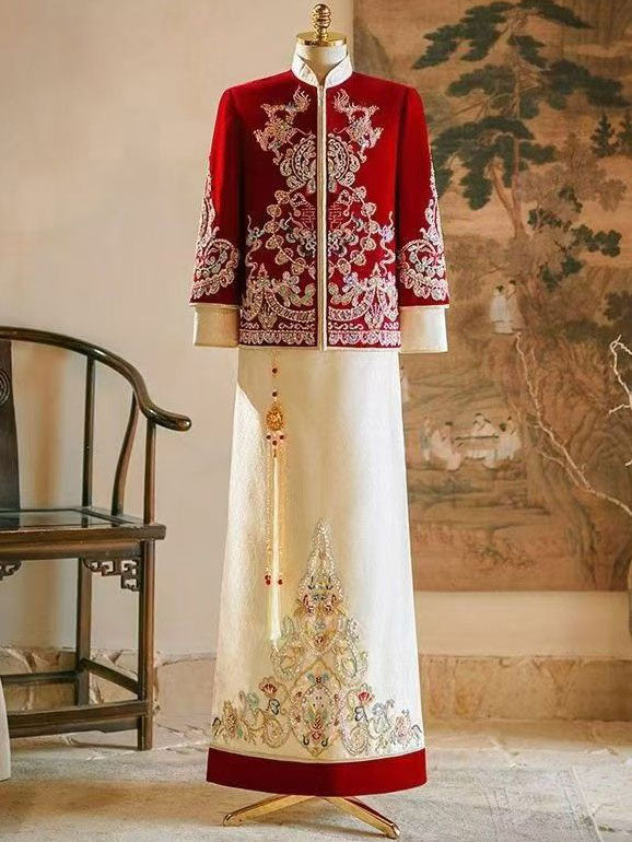 Beads Appliques Dragon Men Wedding Qungua Jacket & Skirt