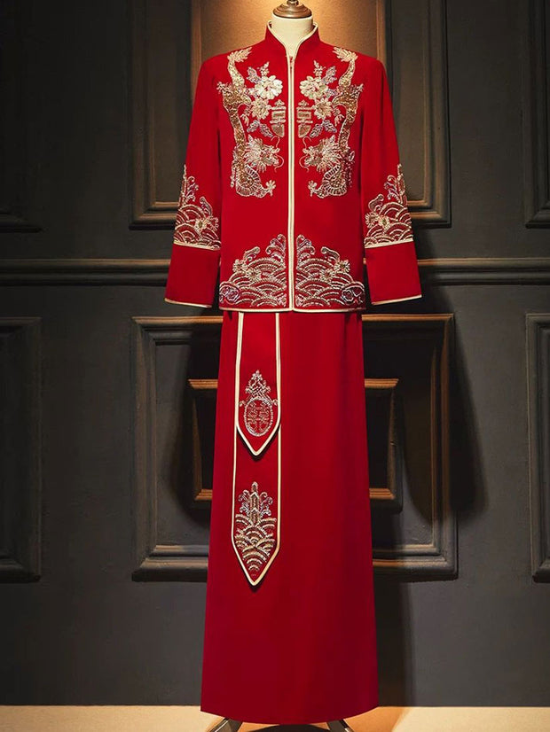 Sequins Dragon Man Groom Wedding Qun Gua Jacket & Skirt