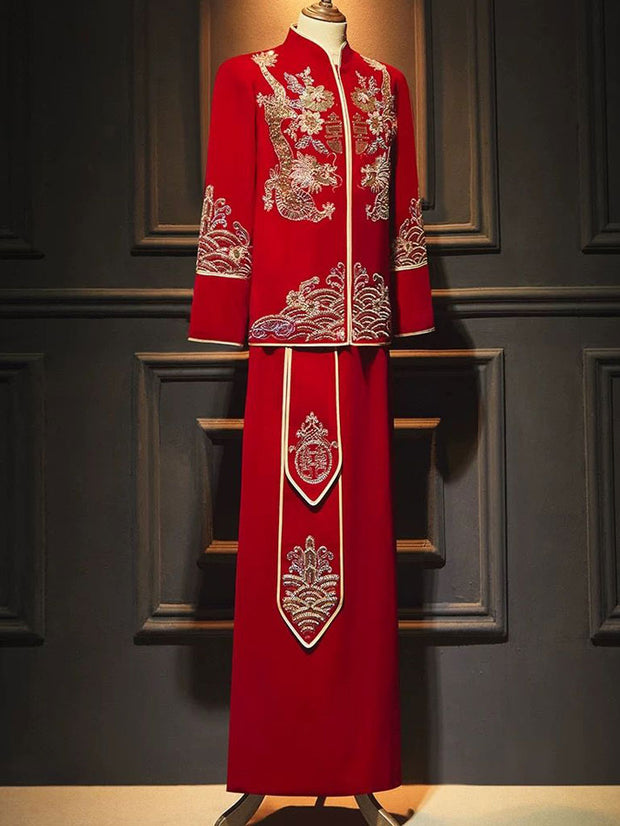 Sequins Dragon Man Groom Wedding Qun Gua Jacket & Skirt