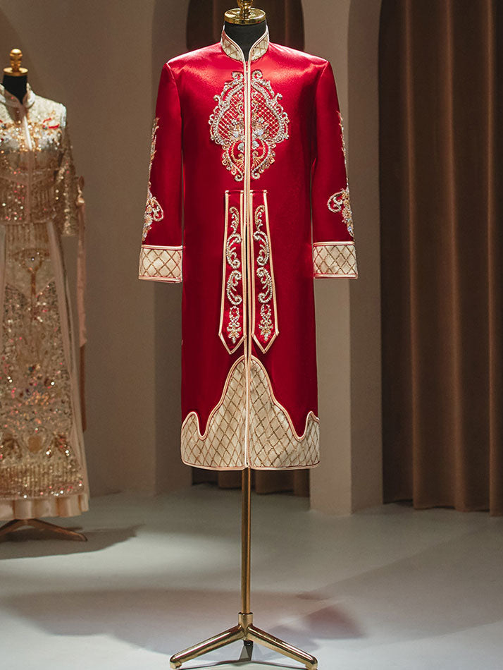 Red Beads Appliques Traditional Man Groom Wedding Coat