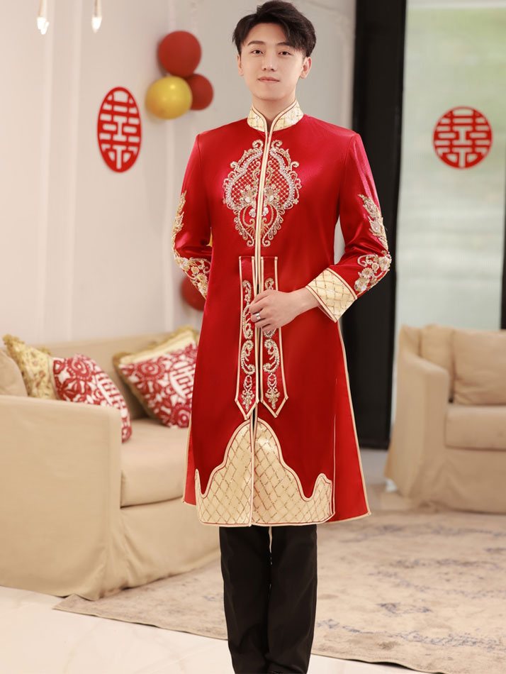 Red Beads Appliques Traditional Man Groom Wedding Coat
