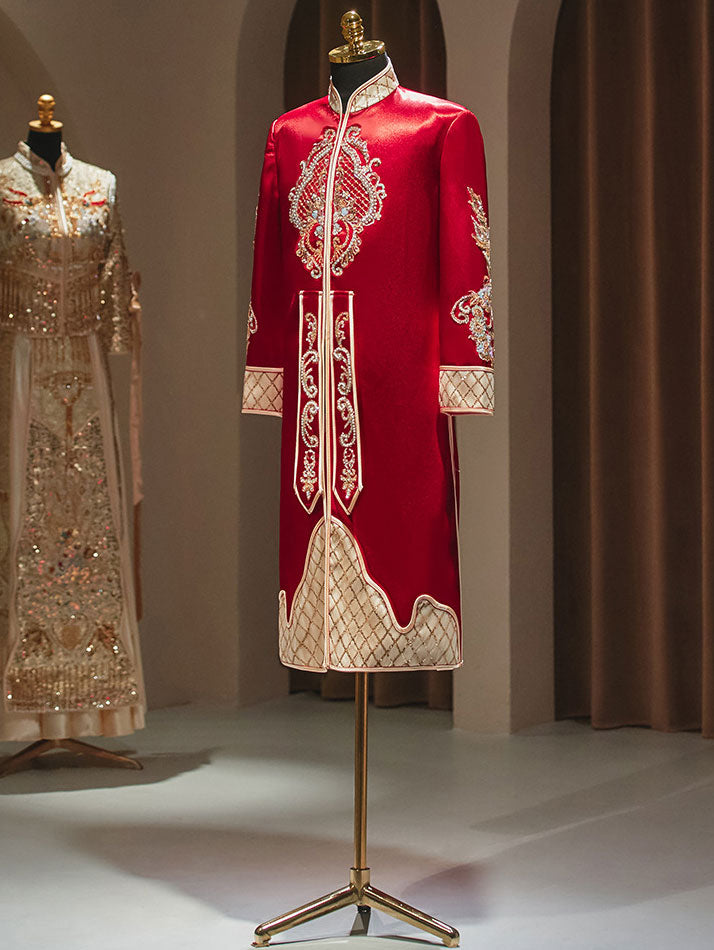 Red Beads Appliques Traditional Man Groom Wedding Coat