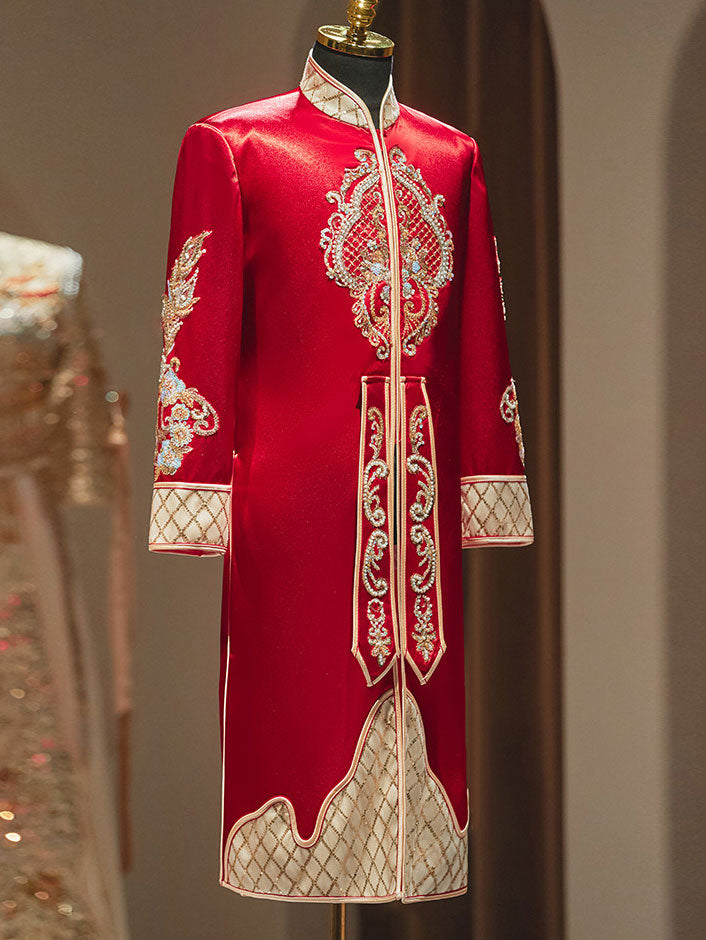 Red Beads Appliques Traditional Man Groom Wedding Coat