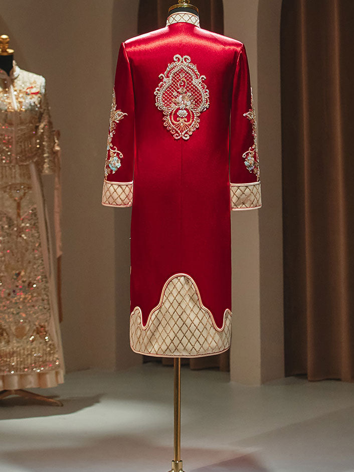 Red Beads Appliques Traditional Man Groom Wedding Coat