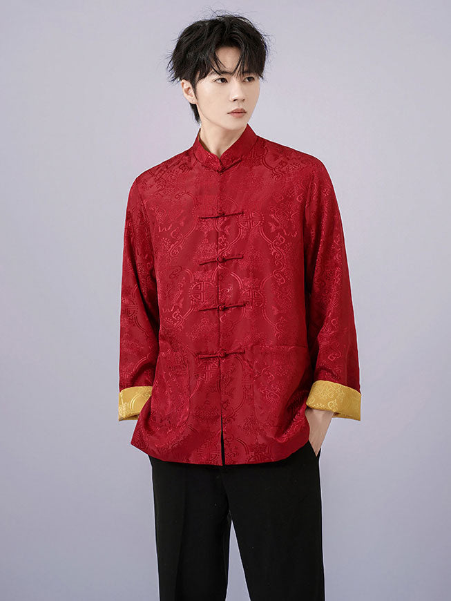 Reversible Chinese Man Jacquard Tang Suit Uniform Kungfu Top