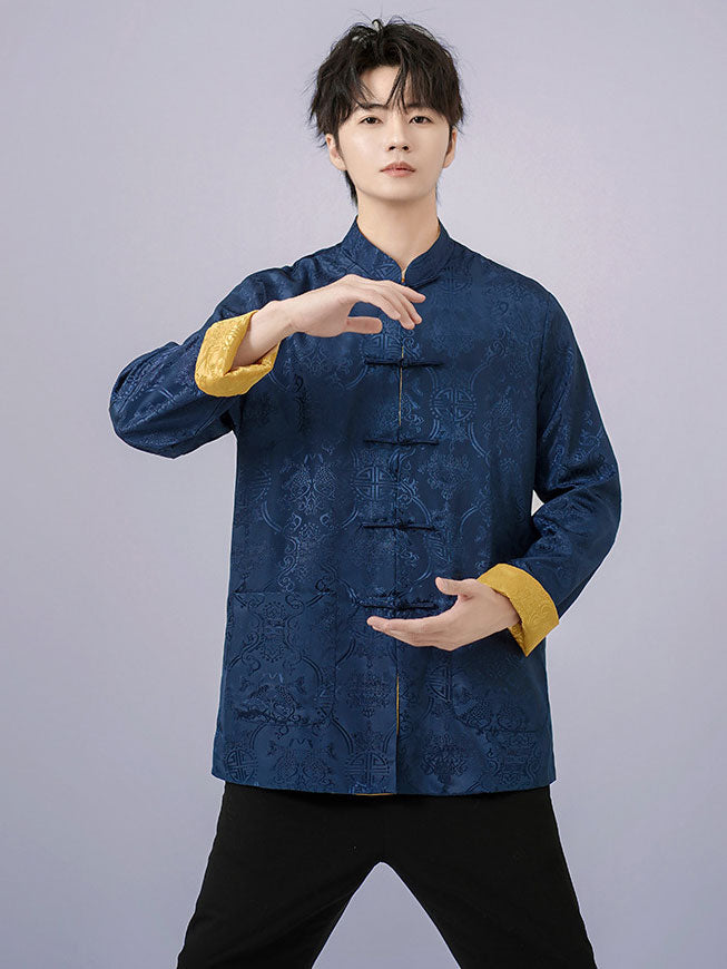 Reversible Chinese Man Jacquard Tang Suit Uniform Kungfu Top