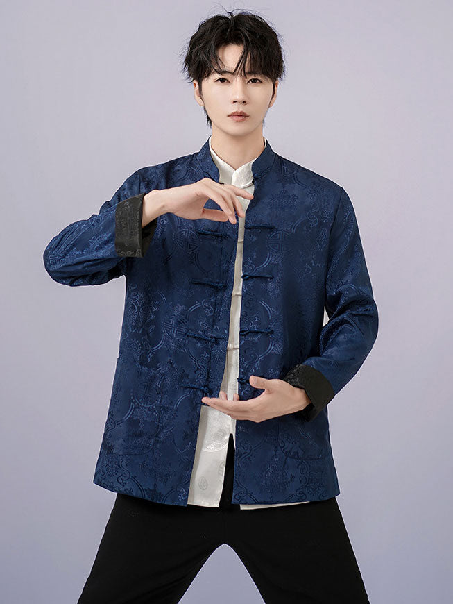 Reversible Chinese Man Jacquard Tang Suit Uniform Kungfu Top