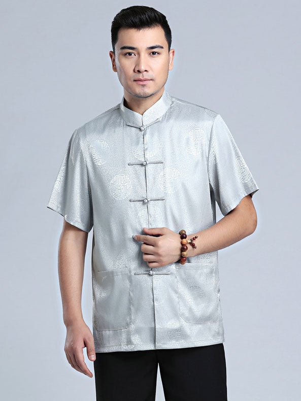Man Chinese Short Sleeve Tang Shirt Kungfu Top