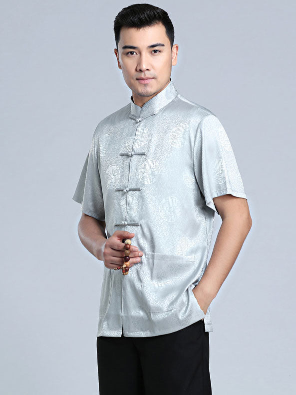 Man Chinese Short Sleeve Tang Shirt Kungfu Top