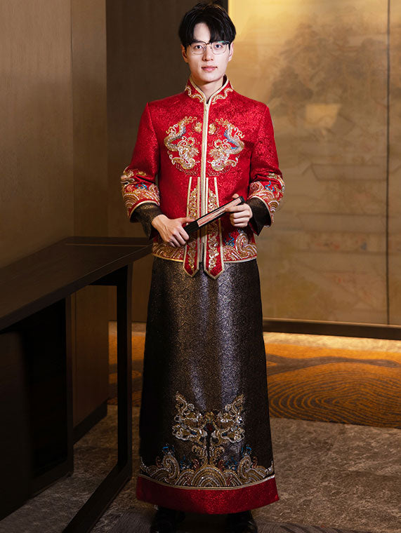 Color Block Beads Dragon Man Groom Wedding Qun Gua Jacket & Skirt