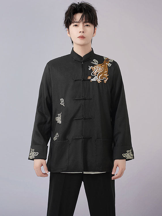Red Black Man Dragon Chinese Tang Suit Uniform Kungfu Jacket