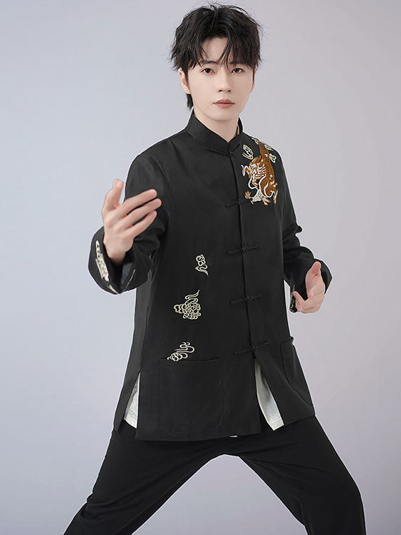 Red Black Man Dragon Chinese Tang Suit Uniform Kungfu Jacket