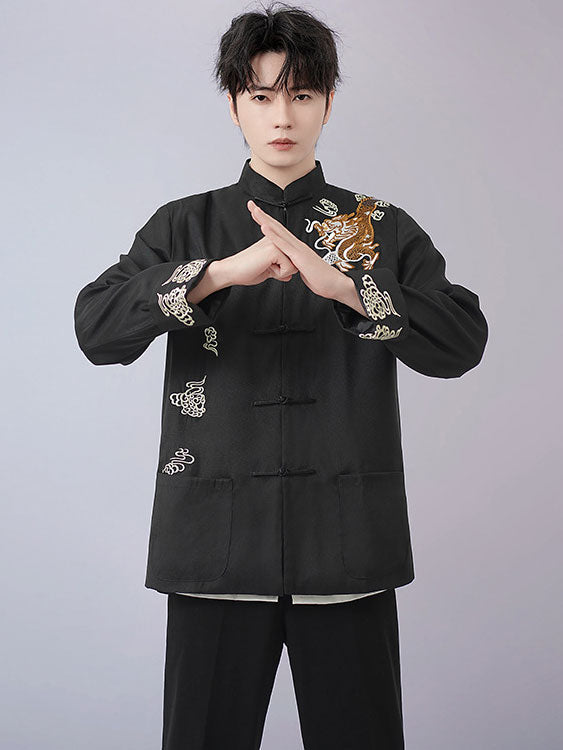 Red Black Man Dragon Chinese Tang Suit Uniform Kungfu Jacket