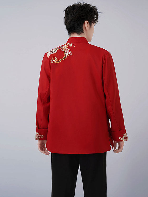 Red Black Man Dragon Chinese Tang Suit Uniform Kungfu Jacket