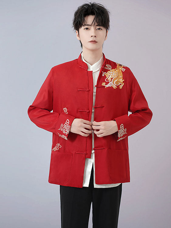 Red Black Man Dragon Chinese Tang Suit Uniform Kungfu Jacket