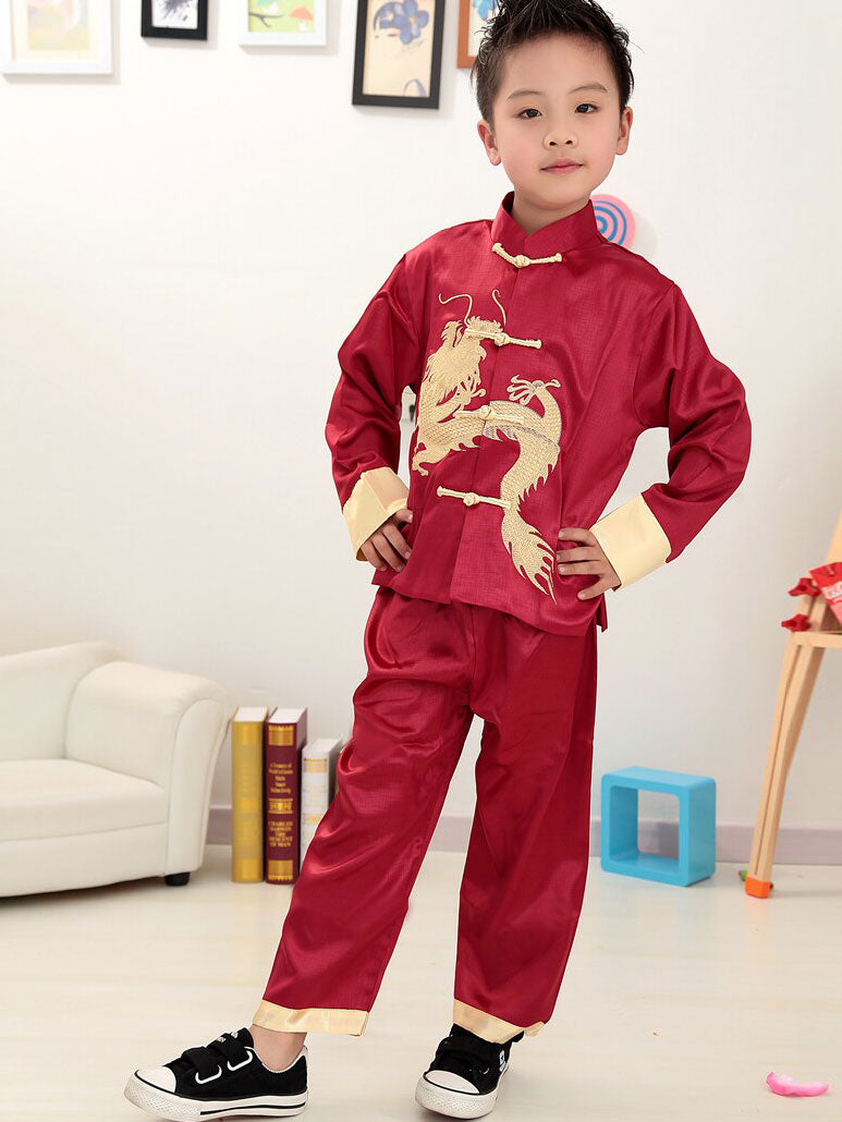 2 Pcs Kids Boys Dragon Chinese Tang Suit Kungfu Uniform Top Pants