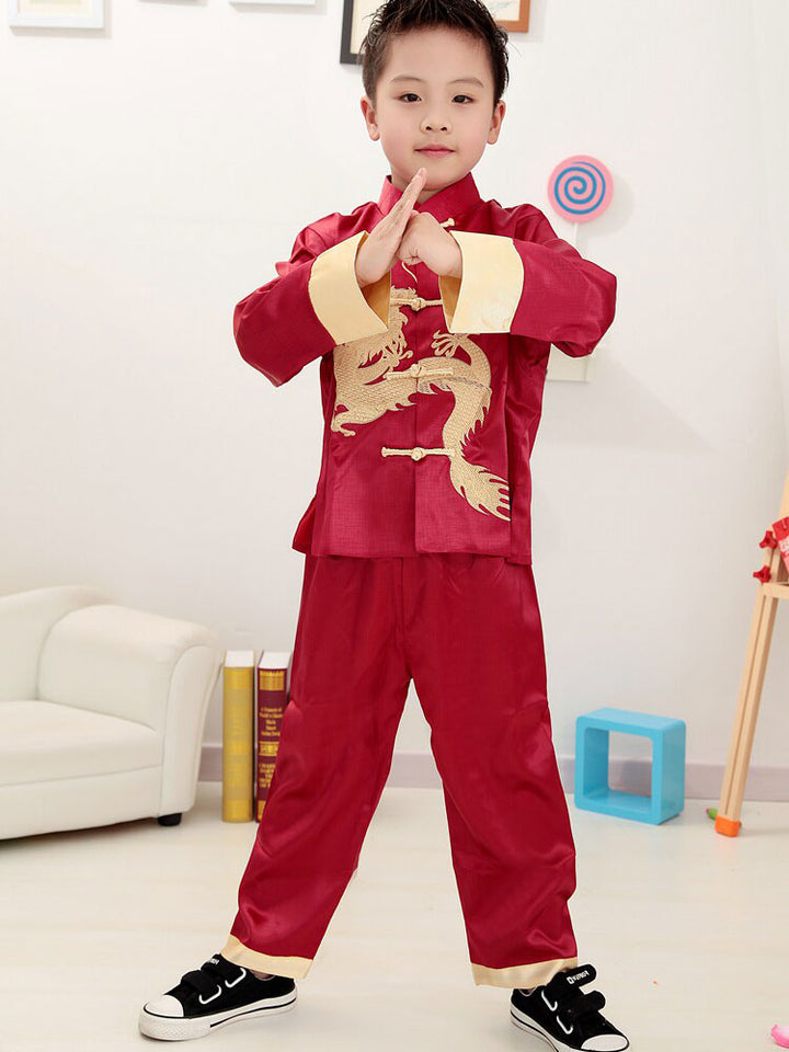2 Pcs Kids Boys Dragon Chinese Tang Suit Kungfu Uniform Top Pants