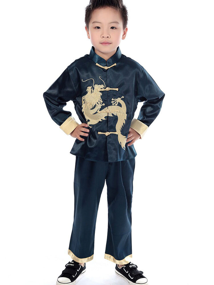 2 Pcs Kids Boys Dragon Chinese Tang Suit Kungfu Uniform Top Pants