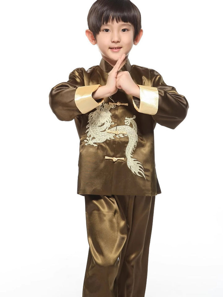 2 Pcs Kids Boys Dragon Chinese Tang Suit Kungfu Uniform Top Pants
