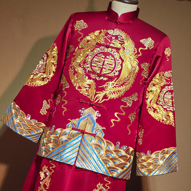 Embroidered Dragon Phoenix Man Wedding Suit Jacket & Skirt