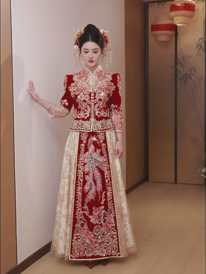 Coloblock Sequins Beads Phoenix Wedding Bridal Qungua Xiuhe